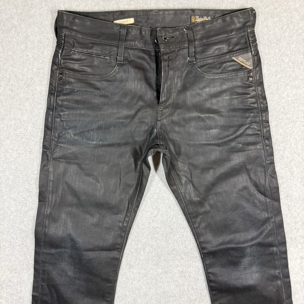 REPLAY Jeans Mens 29x34 Black WAXED Tunky Straight Leg Loose Fit Moto Biker EUC - Picture 2 of 15